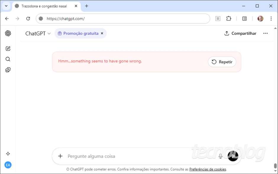 Mensagem de erro na versão web do ChatGPT