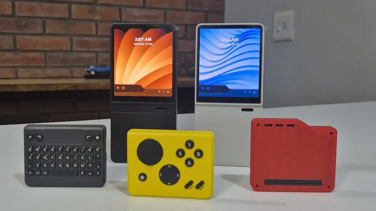 Dois computadores de bolso Mecha Comet, um preto e um branco, posicionados verticalmente ao fundo. &Agrave; frente deles, tr&ecirc;s m&oacute;dulos coloridos est&atilde;o alinhados: um teclado cinza-escuro, um controle de jogos amarelo com bot&otilde;es pretos e uma placa de expans&atilde;o vermelha com pinos de conex&atilde;o. O cen&aacute;rio possui uma parede de tijolos ao fundo. A composi&ccedil;&atilde;o exemplifica a natureza modular do produto, exibindo as diferentes op&ccedil;&otilde;es de cores e acess&oacute;rios de controle.