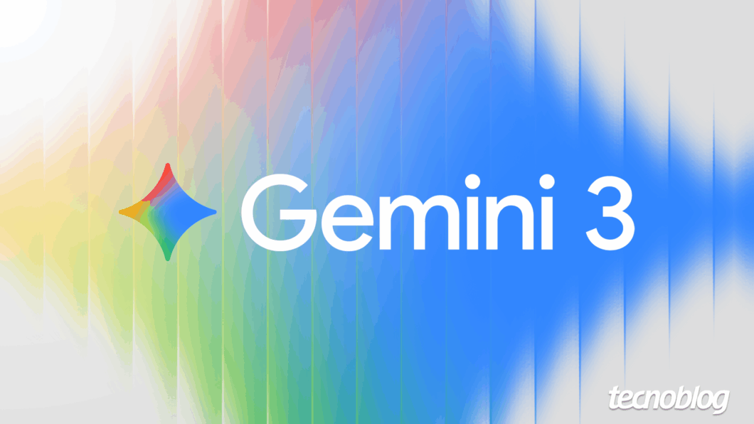 Imagem de fundo abstrato em cores vibrantes, com predomin&acirc;ncia de tons de azul, verde, vermelho e amarelo, dispostos em faixas verticais e em gradientes suaves. No centro, o texto branco em destaque &eacute; "Gemini 3", precedido pelo logotipo do Gemini, que &eacute; um losango multicolorido em forma de estrela. No canto inferior direito, o texto secund&aacute;rio diz "tecnoblog".