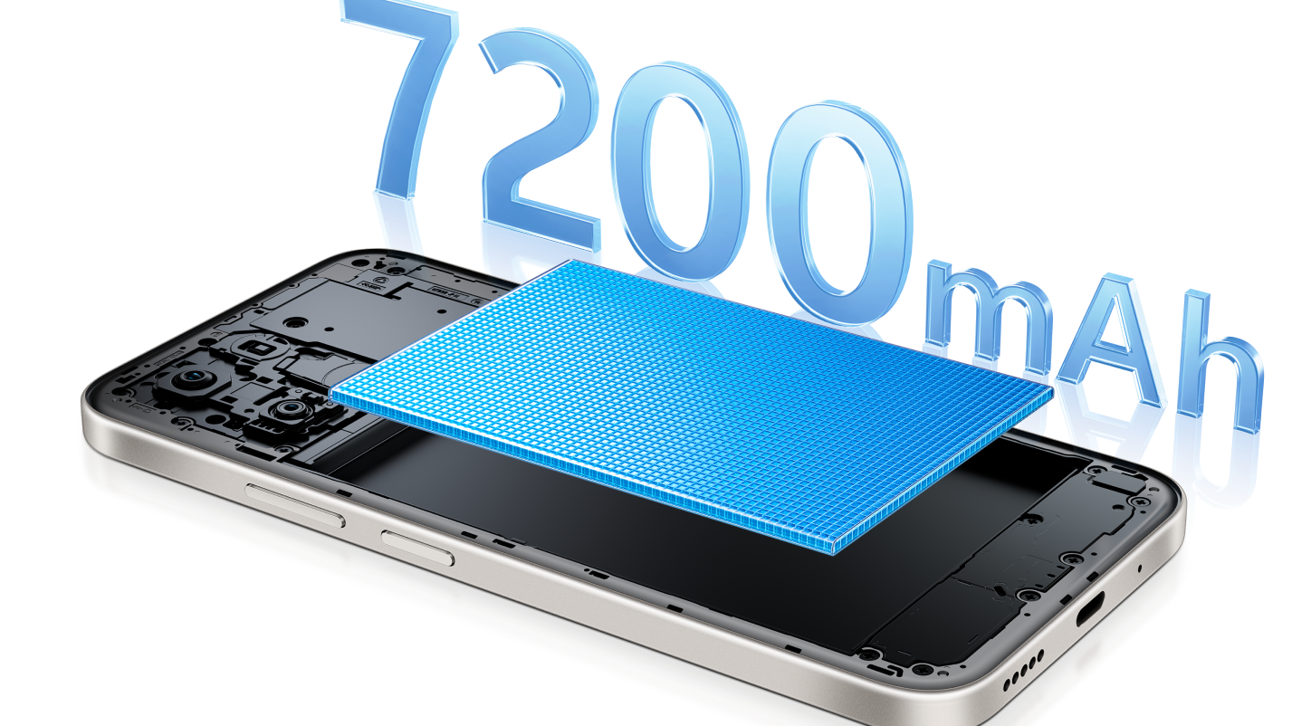 Conceito de um Jovi Y31 deitado, sem a capa traseira, destacando a bateria (em azul) de 7200 mAh.