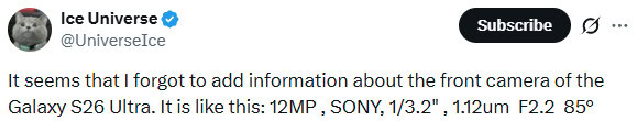 Especificações da câmera selfie Samsung Galaxy S26 Ultra Ice Universe Especificações da câmera selfie Samsung Galaxy S26 Ultra Ice Universe