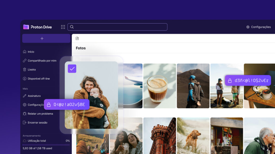 Visualização de uma plataforma de armazenamento em nuvem em modo escuro. A lateral esquerda contém um painel de navegação vertical com ícones e rótulos de texto para organização de pastas e configurações de conta. No topo, há uma barra de busca centralizada. A área de conteúdo principal exibe uma biblioteca de fotos organizada em colunas. Uma das imagens está destacada por uma borda brilhante e um ícone de seleção. Elementos visuais de segurança, como etiquetas roxas com ícones de cadeado, estão sobrepostos a algumas miniaturas, simbolizando criptografia de dados.