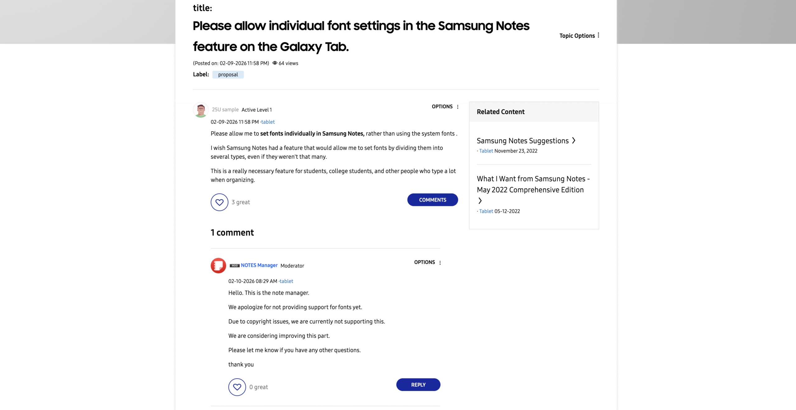 Uma troca do Samsung Community Forum onde um gerente do Notes confirmou que a empresa est&aacute; considerando expandir as op&ccedil;&otilde;es de fontes.