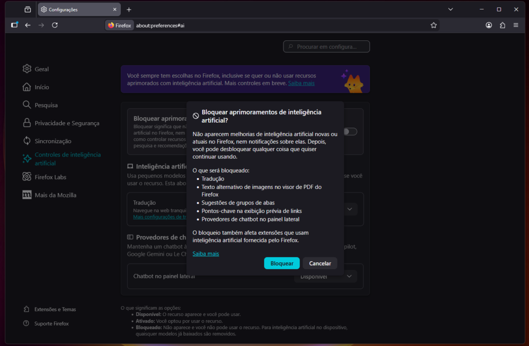 Captura de tela das configura&ccedil;&otilde;es do Mozilla Firefox. Um pop-up est&aacute; aberto, apresentando o que ser&aacute; bloqueado com a op&ccedil;&atilde;o de aprimoramentos de IA desativada.
