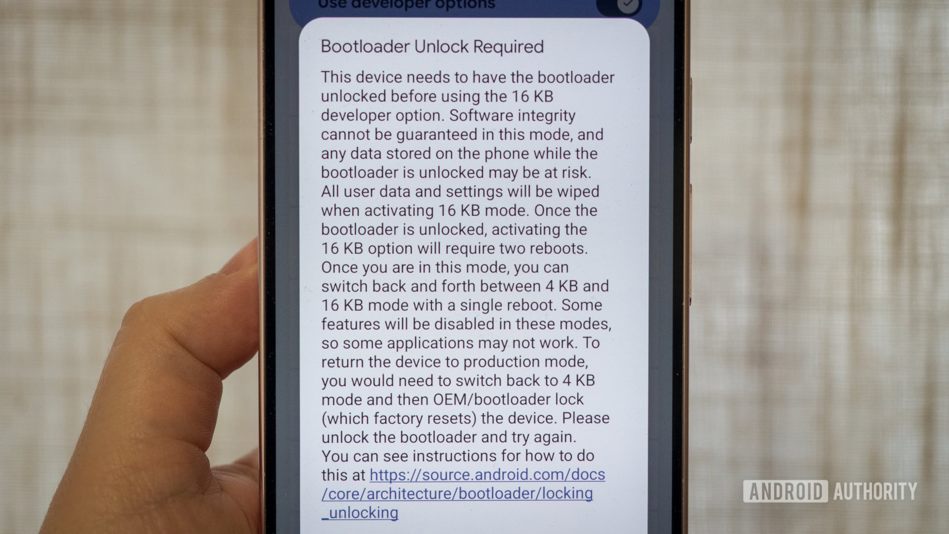 Desbloqueio do bootloader de arquivo de p&aacute;gina de 16 KB do Android 17 beta