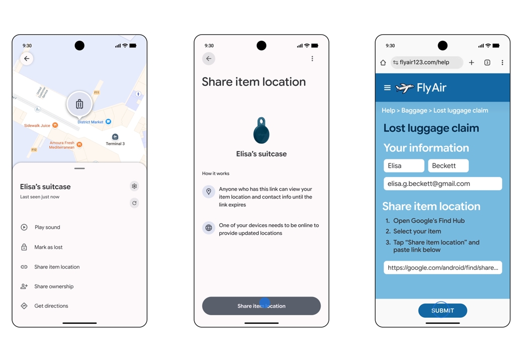 Compartilhamento de link de bagagem no Localizador do Google