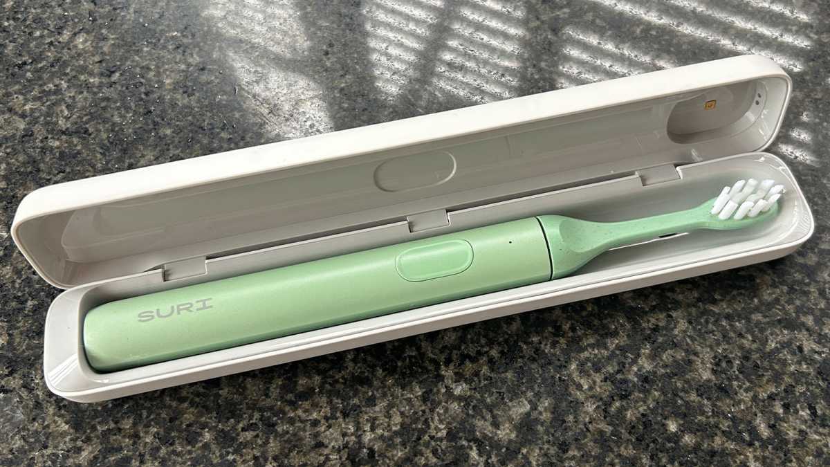 The brush in its travel case