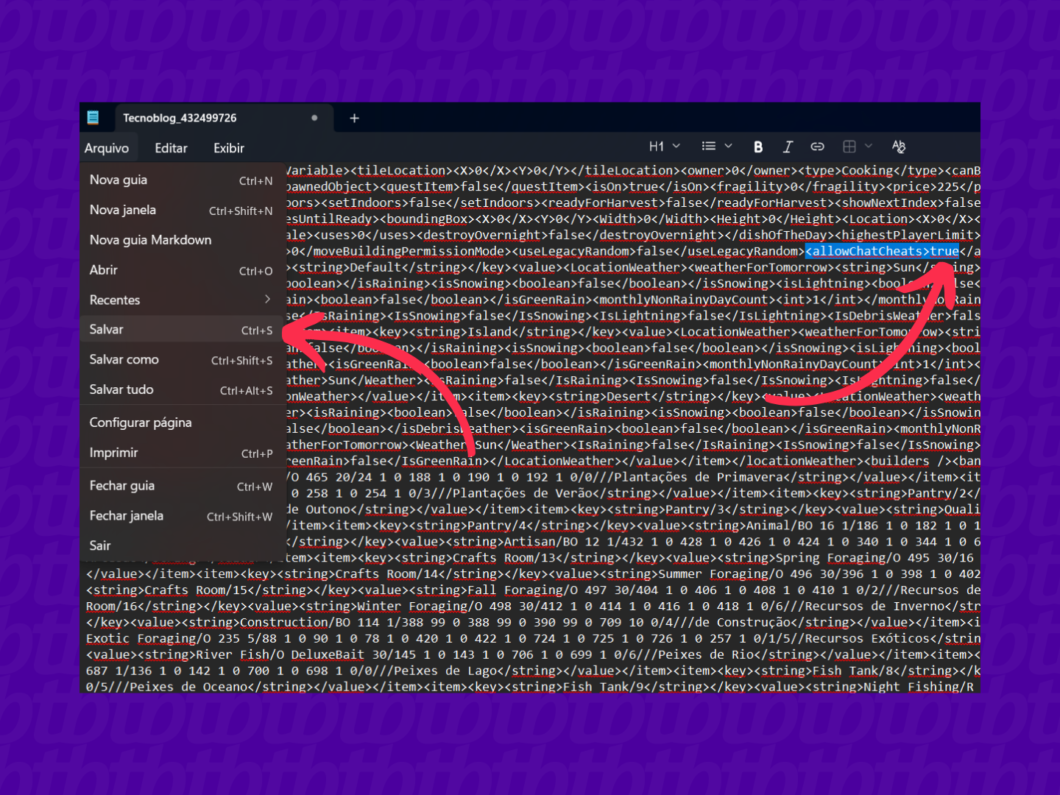 Alterando a linha de c&oacute;digo em Stardew Valley para ativar os c&oacute;digos no jogo (Imagem: Victor Toledo/Tecnoblog)