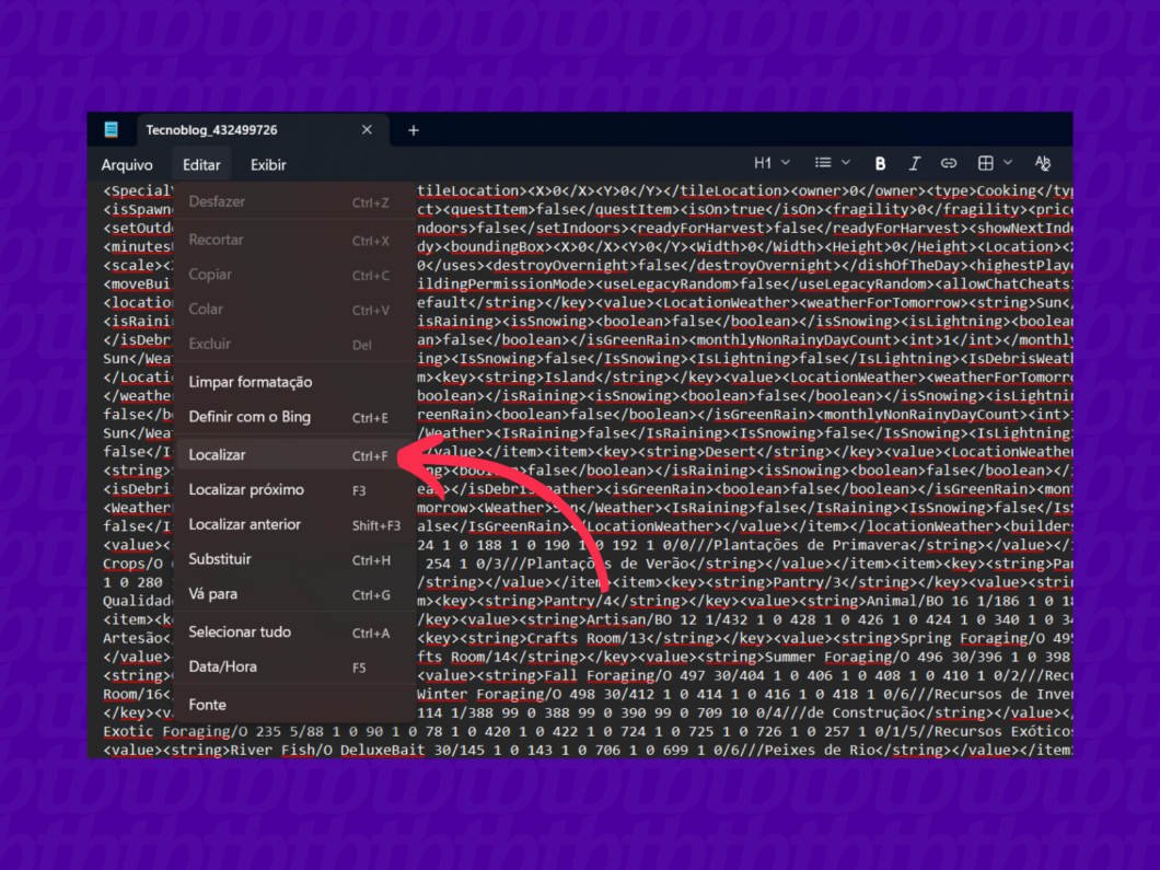 Procurando pela se&ccedil;&atilde;o de ativa&ccedil;&atilde;o de c&oacute;digos no bloco de notas (Imagem: Victor Toledo/Tecnoblog)