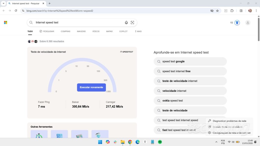 Teste da conexão é executado no Bing, via navegador