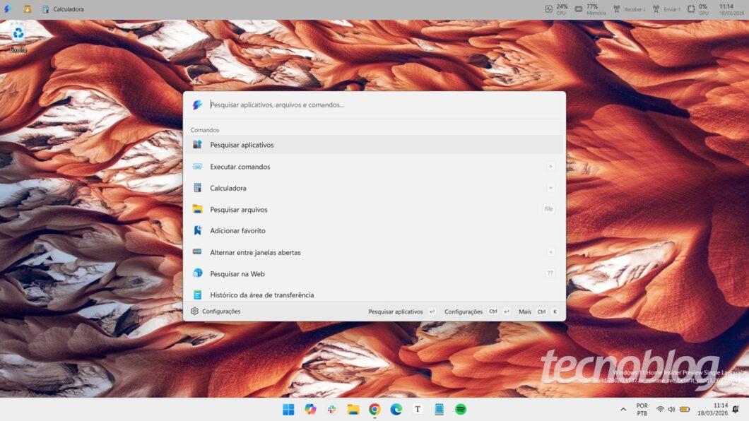 A Paleta de Comandos do PowerToys 0.98 e sua barra no topo