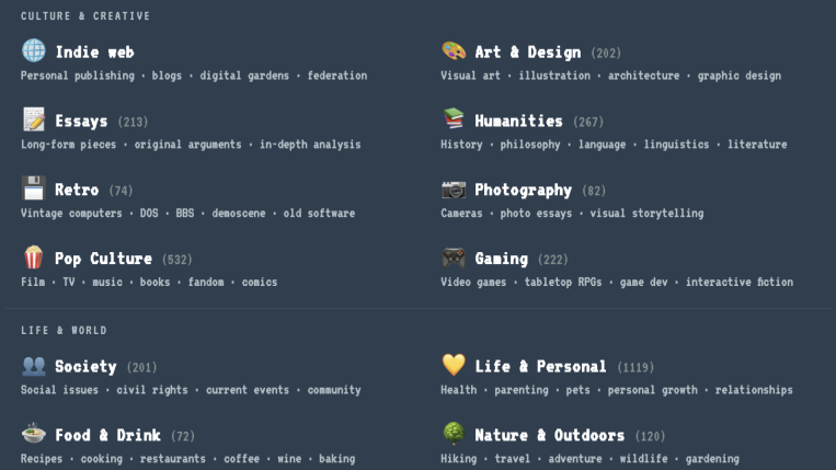 Categorias da Small Web, iniciativa da Kagi para valorizar a internet independente e autoral.