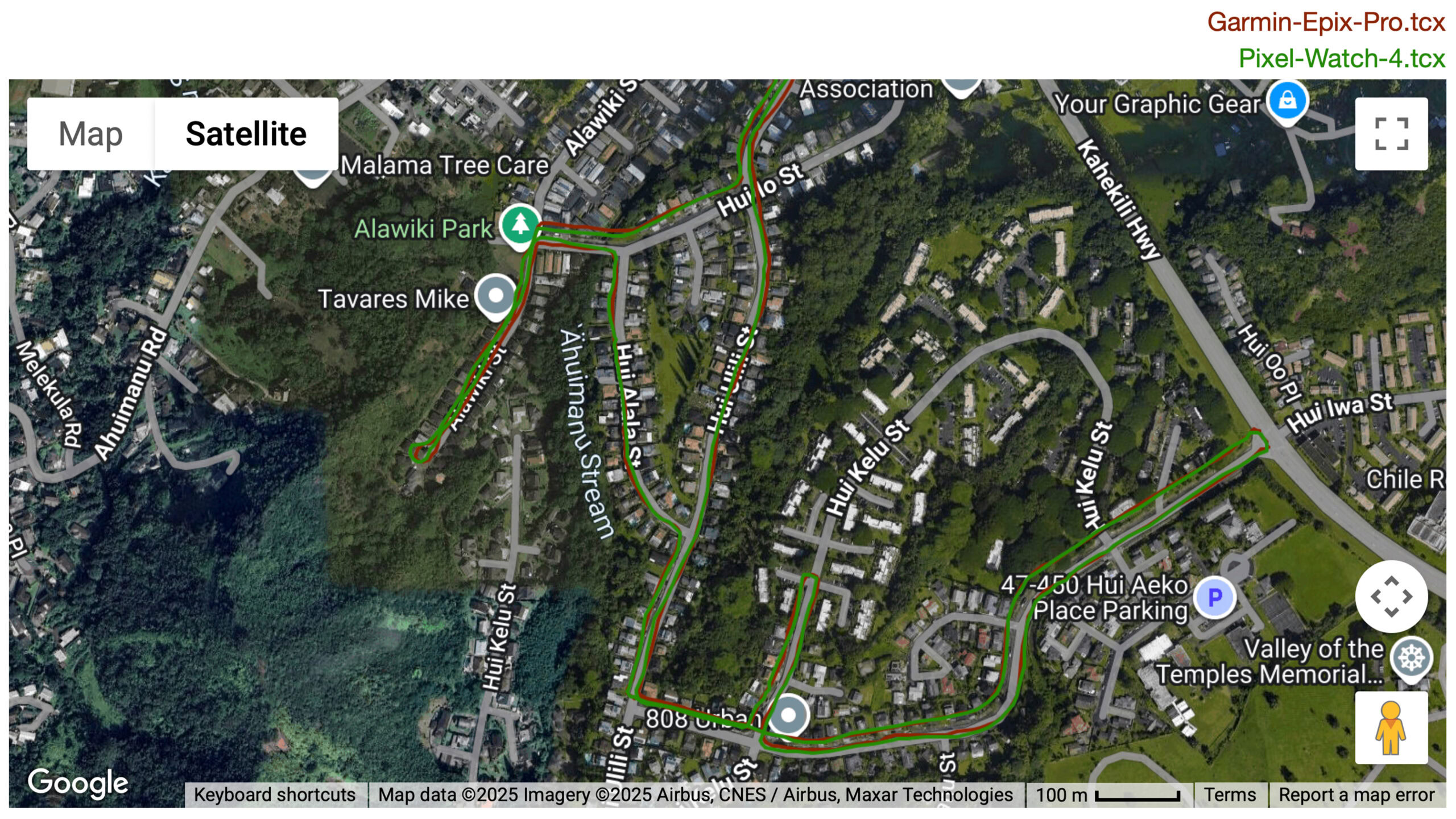 Um mapa GPS mostra o GPS do Pixel Watch 4 em compara&ccedil;&atilde;o com um Garmin Epix Pro.