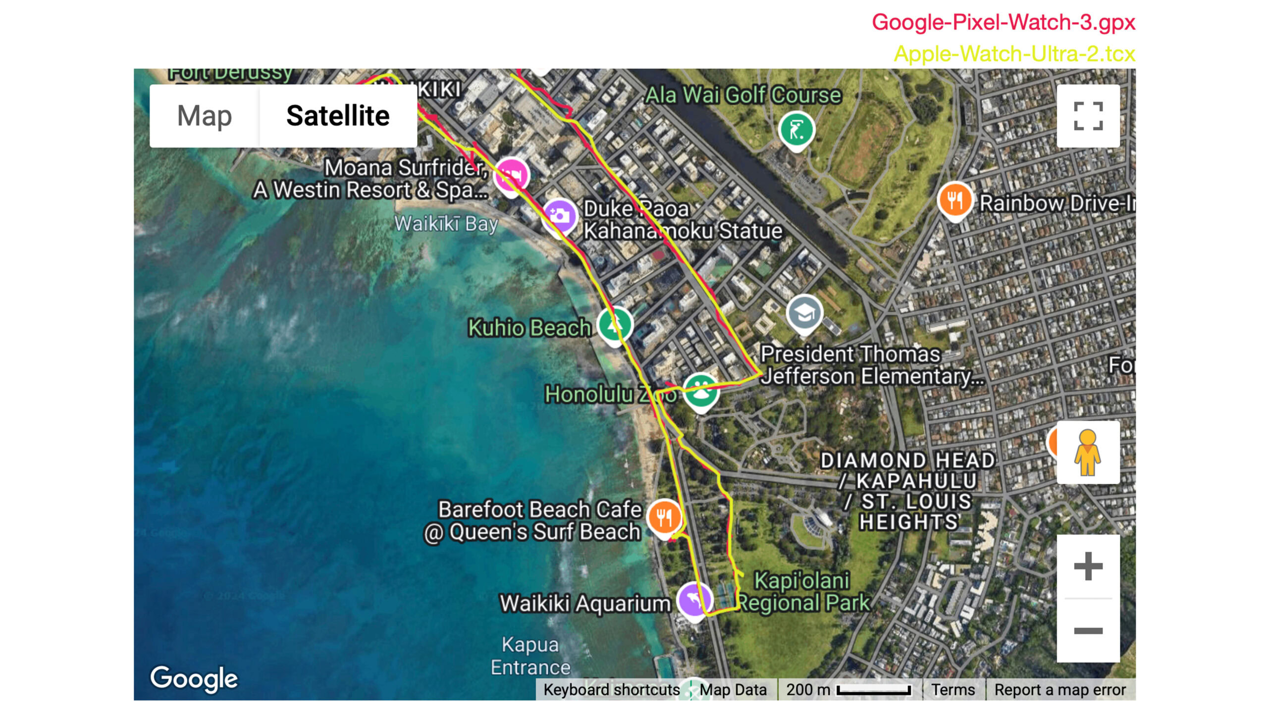 Um mapa GPS mostra uma rota de corrida urbana registrada pelo Google Pixel Watch 3 e Apple Watch Ultra 2. 