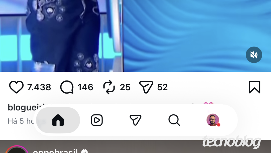 Barra inferior da interface do Instagram com laterais arredondadas, botões sem divisão e um seletor mais escuro