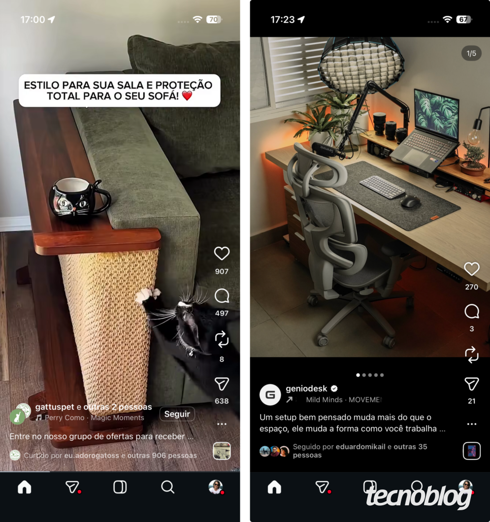 Duas capturas de tela verticais da interface do Instagram em modo de tela cheia. A imagem à esquerda exibe a visualização de um Reel, com os ícones de interação (curtir, comentar, compartilhar) e informações da conta alinhados verticalmente na lateral direita e na parte inferior. A imagem à direita mostra uma postagem de feed padrão, com o conteúdo da imagem ocupando a maior parte da tela e a legenda e ícones de interação localizados abaixo dela. Ambas mantêm a barra de navegação inferior padrão.