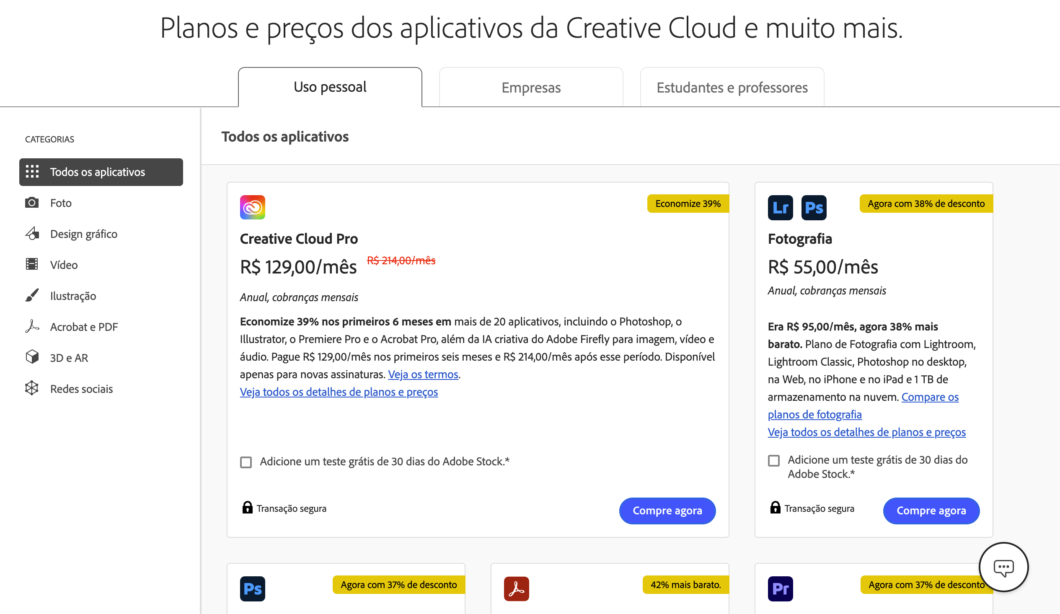 P&aacute;gina com produtos da Adobe. Eles t&ecirc;m o aviso "Anual, cobrado mensalmente" ao lado do pre&ccedil;o.