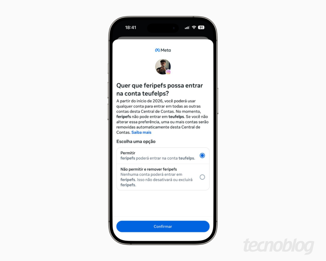 Captura de tela de um pop-up no Instagram com uma mensagem de permissão para login automático entre contas
