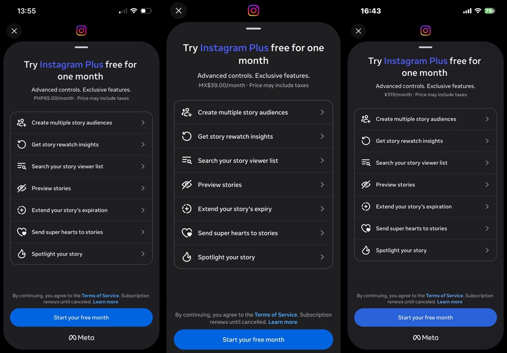 Preços do Instagram Plus variam conforme o país