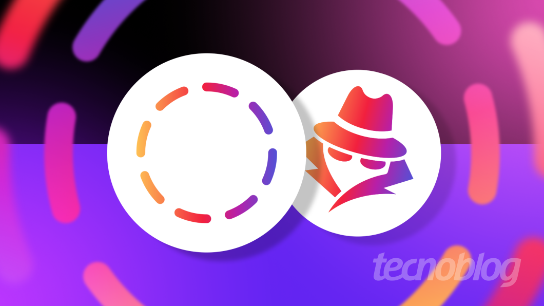 Ilustração mostra o ícone do Stories do Instagram e um ícone de aba anonima em um fundo com tons de roxo