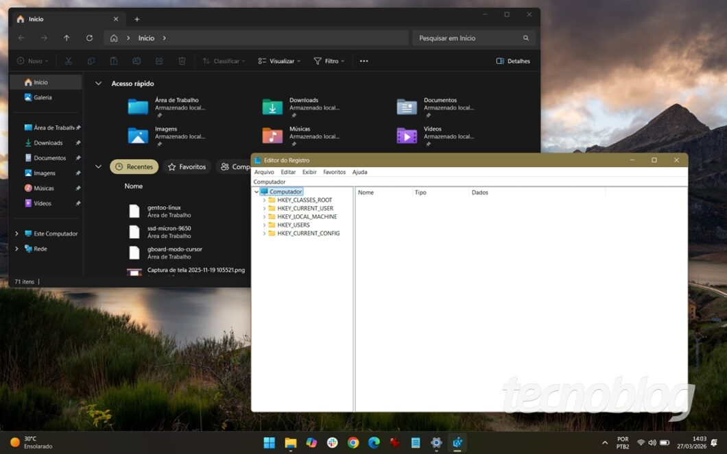 Modo escuro ativado no Windows 11 com o Regedit aparecendo como "rebelde"