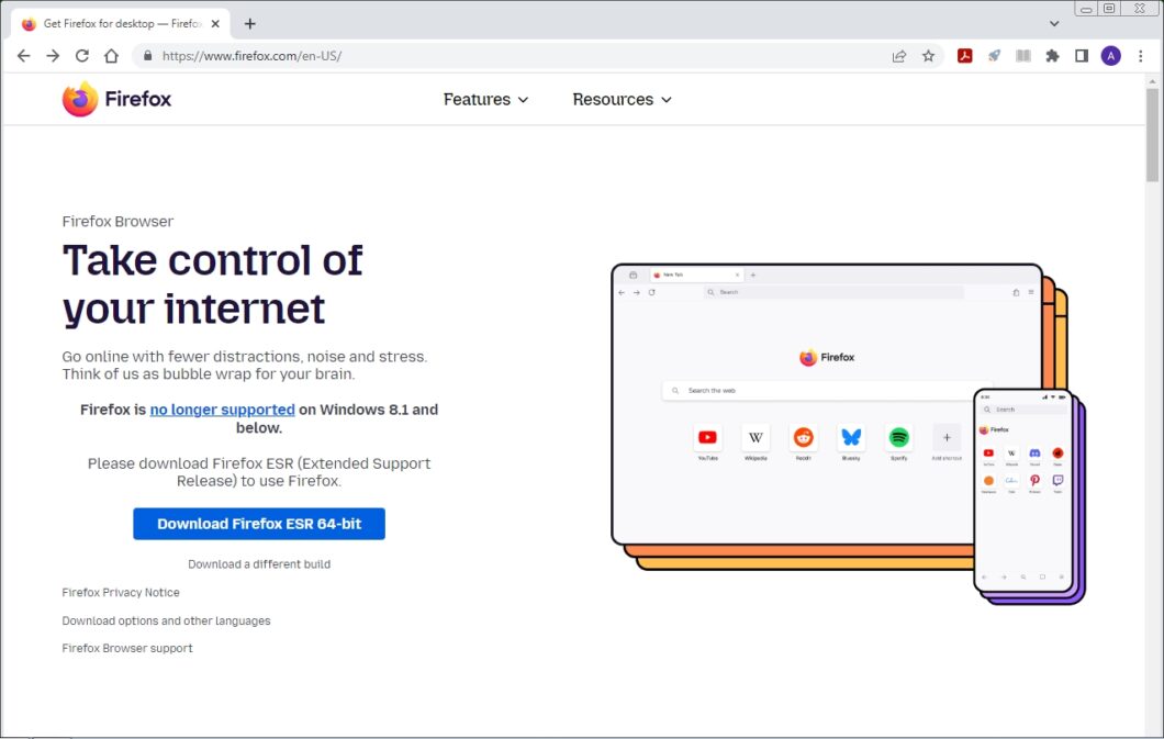 Página de download do Firefox já avisa sobre fim de suporte no Windows 8.1 e anteriores