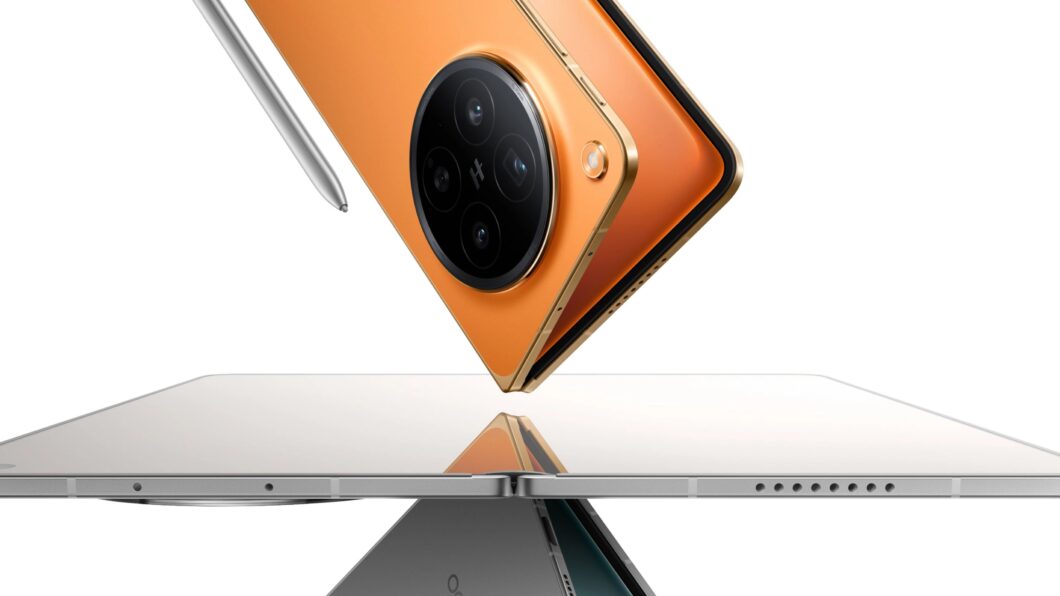 Ilustração de um Oppo Find N6 laranja fechado sendo colocado de ponta no centro de um aparelho aberto