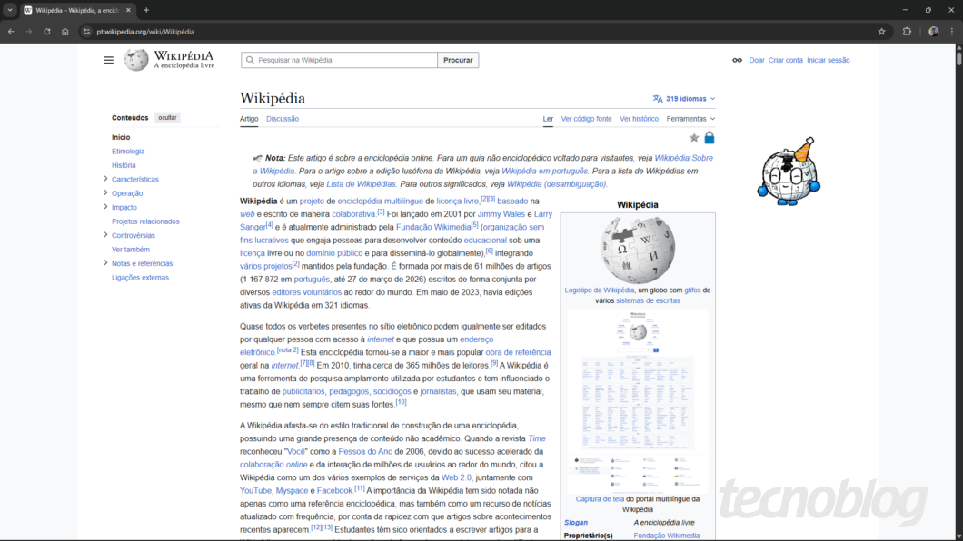 Captura de tela mostra a página do artigo da Wikipédia sobre a própria Wikipédia