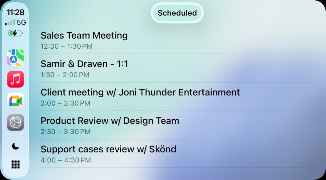 Agenda de reuni&otilde;es do Meet visualizada no CarPlay