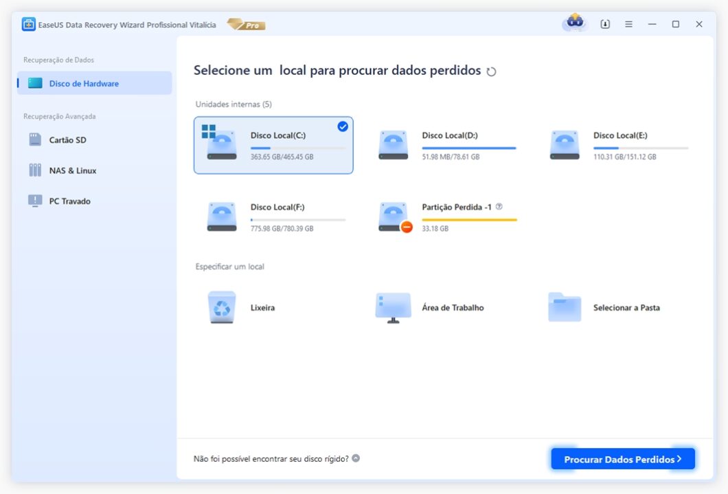 Selecione o disco a ser analisado pelo EaseUS Data Recovery Wizard