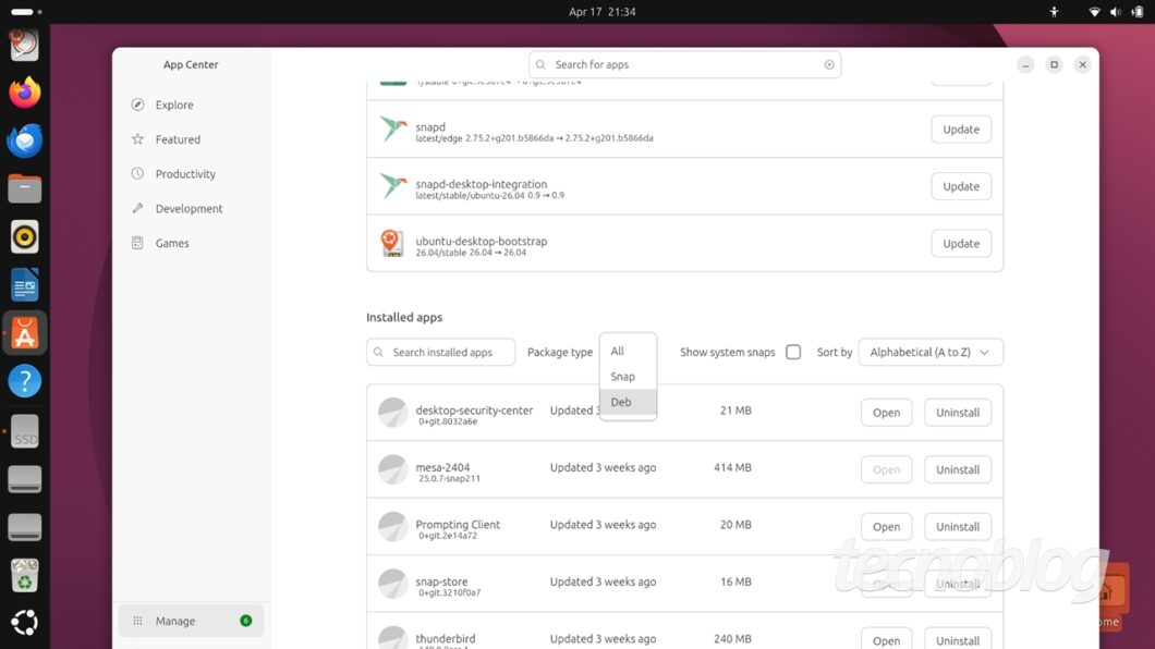 App Center do Ubuntu 26.04 lida com Snap e Deb