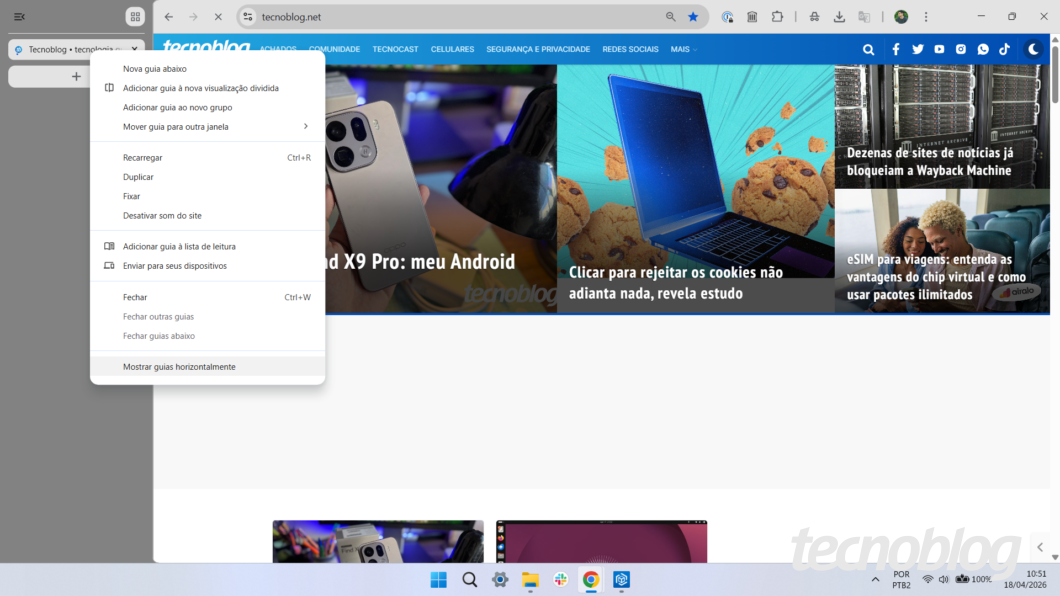 Altere a exibi&ccedil;&atilde;o das guias sem precisar desativar o recurso nas configura&ccedil;&otilde;es do Chrome (Imagem: Victor Toledo/Tecnoblog)