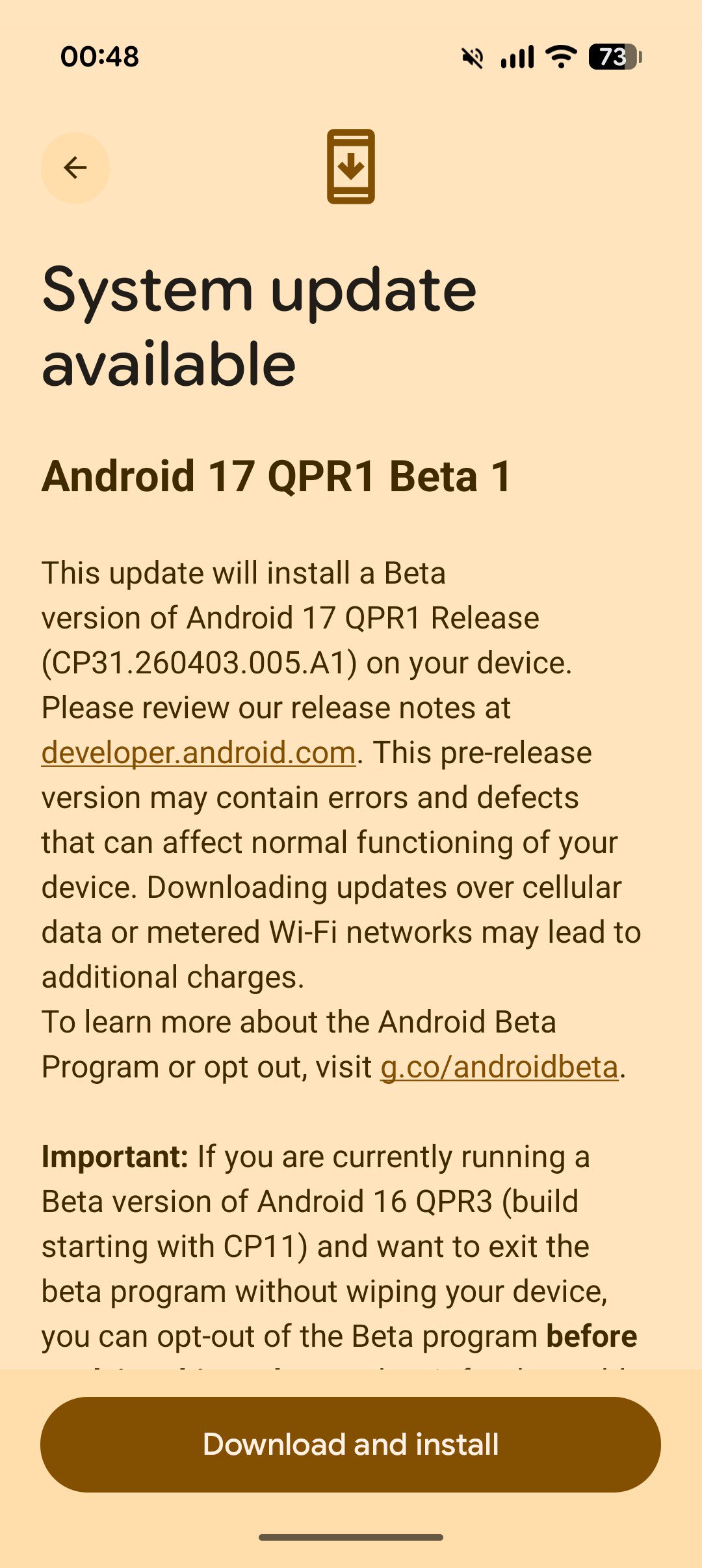tela do android 17 qpr1 beta 1