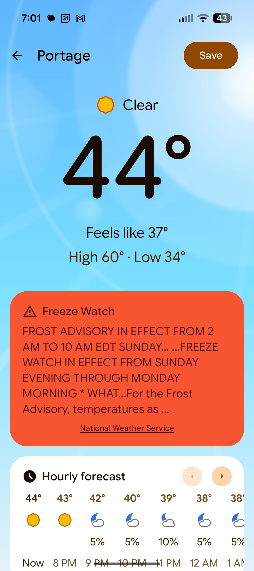 Captura de tela do Pixel Weather mostrando um alerta meteorol&oacute;gico.