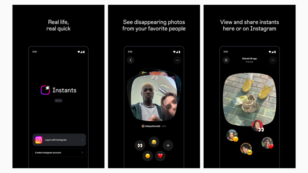 Capturas de tela do Instants