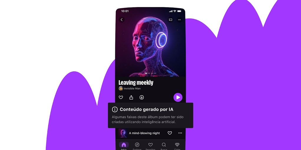 Captura de tela do aplicativo Deezer em um smartphone. A tela exibe a página de um álbum com uma capa de arte futurista. Sobreposta, uma caixa de notificação preta com o título "Conteúdo gerado por IA" e o texto "Algumas faixas deste álbum podem ter sido criadas utilizando inteligência artificial." Ao fundo, um grafismo roxo abstrato.
