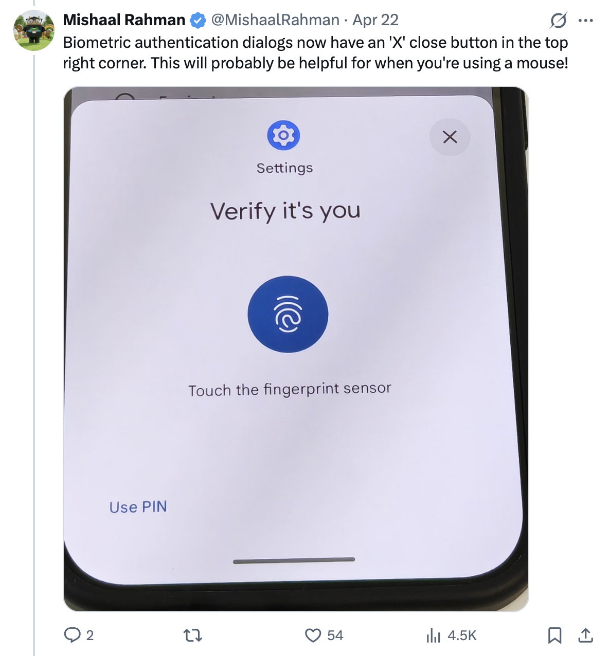 Um tweet explicando as mudan&ccedil;as biom&eacute;tricas do Android 17 Beta 4.