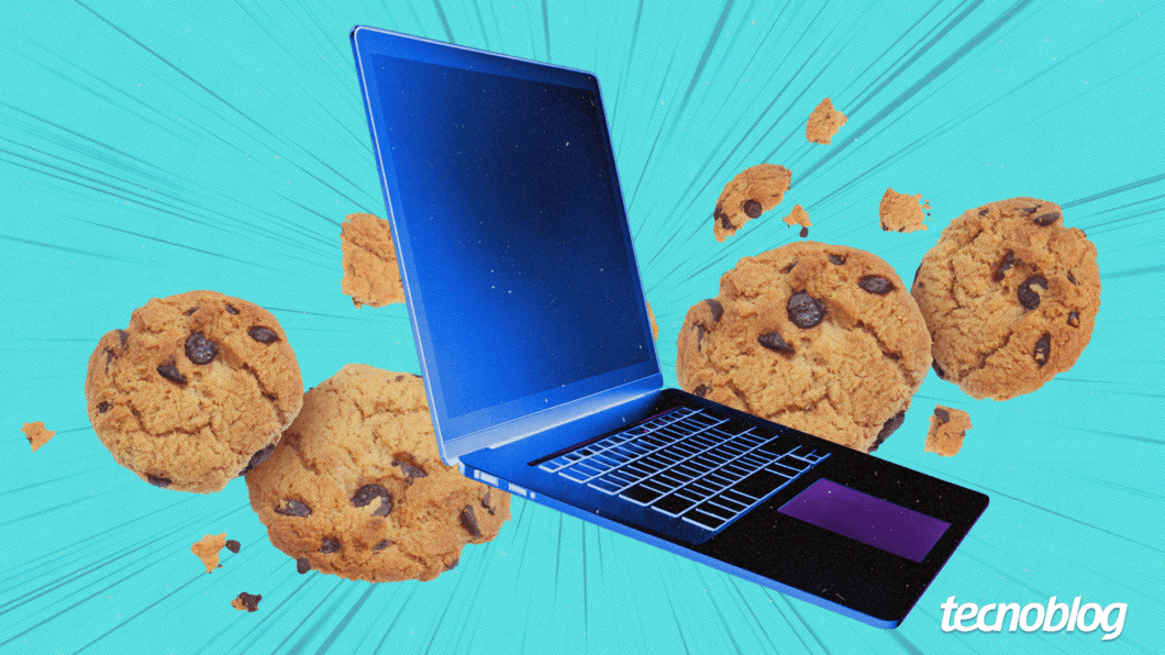 Ilustra&ccedil;&atilde;o mostra um laptop cercado por biscoitos. Na parte inferior direita, o logo do "tecnoblog" &eacute; vis&iacute;vel.