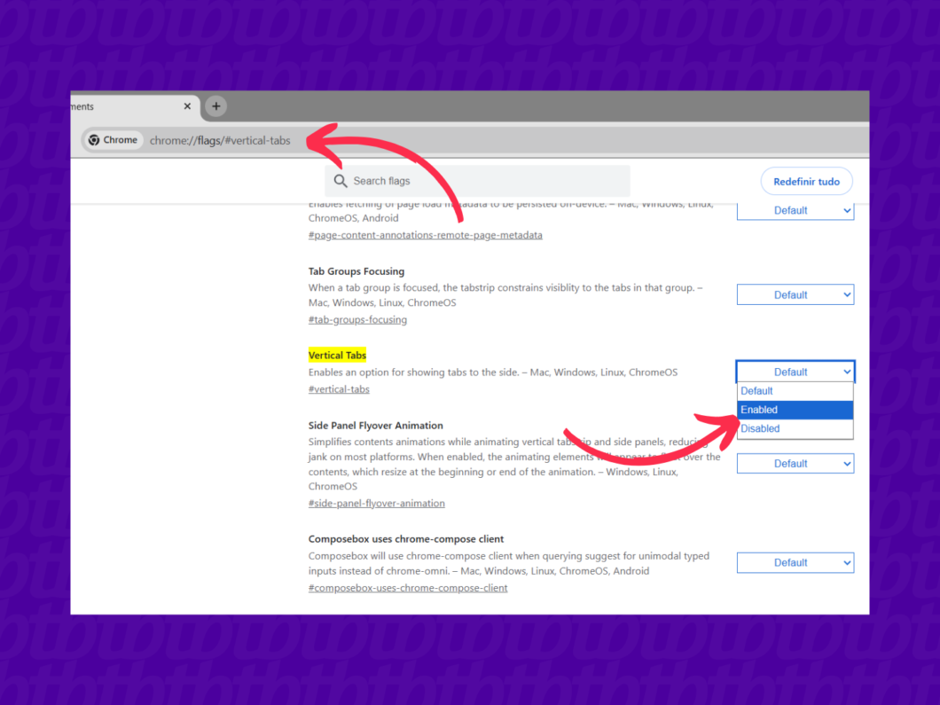 Acesse "chrome://flags/#vertical-tabs" no navegador para ativar o recurso
