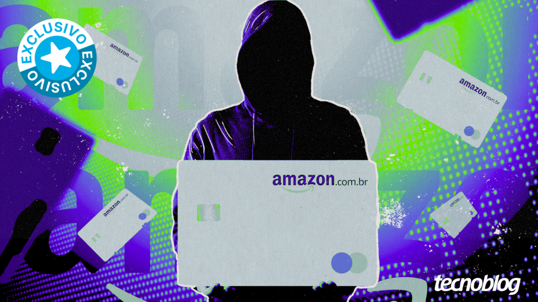 Ilustra&ccedil;&atilde;o com pessoa encapuzada segurando um cart&atilde;o Amazon gigante