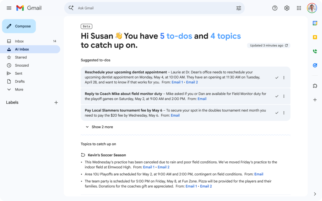 captura de tela da interface do Gmail, aberta na p&aacute;gina AI Inbox