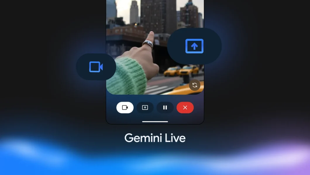 Tela de celular mostrando o recurso Gemini Live, um aplicativo de IA que permite transmitir v&iacute;deos ao vivo para a intelig&ecirc;ncia artificial analisar. A imagem mostra uma m&atilde;o com su&eacute;ter verde apontando para pr&eacute;dios e t&aacute;xis amarelos em uma cidade. Na parte inferior h&aacute; &iacute;cones para c&acirc;mera, compartilhamento de tela, pausa e encerramento da transmiss&atilde;o, com fundo escuro e ilumina&ccedil;&atilde;o azul e roxa.