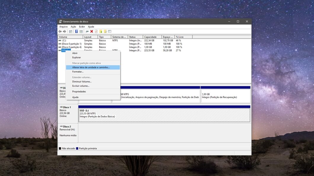 Alterando a letra da unidade no Gerenciamento de Disco