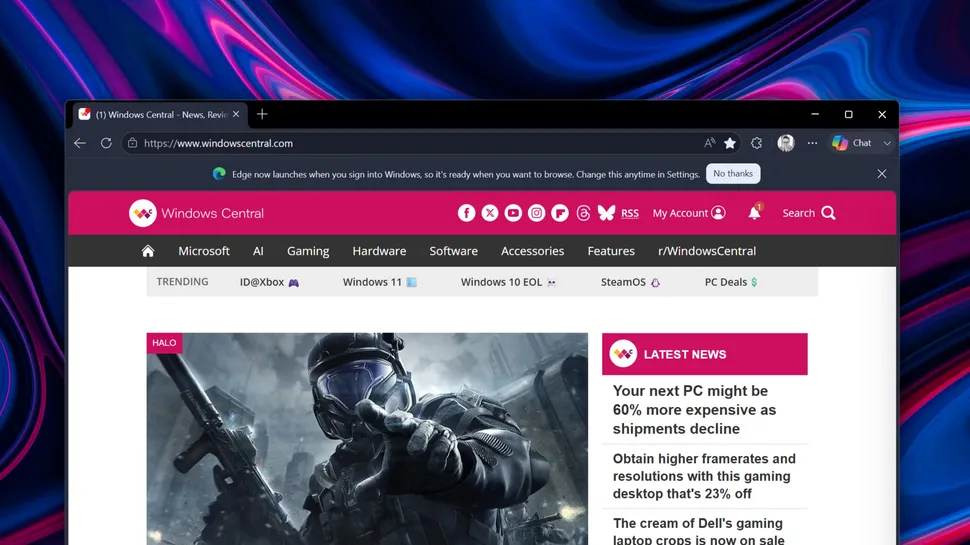 Captura de tela mostra um recurso em versão beta no navegador Microsoft Edge