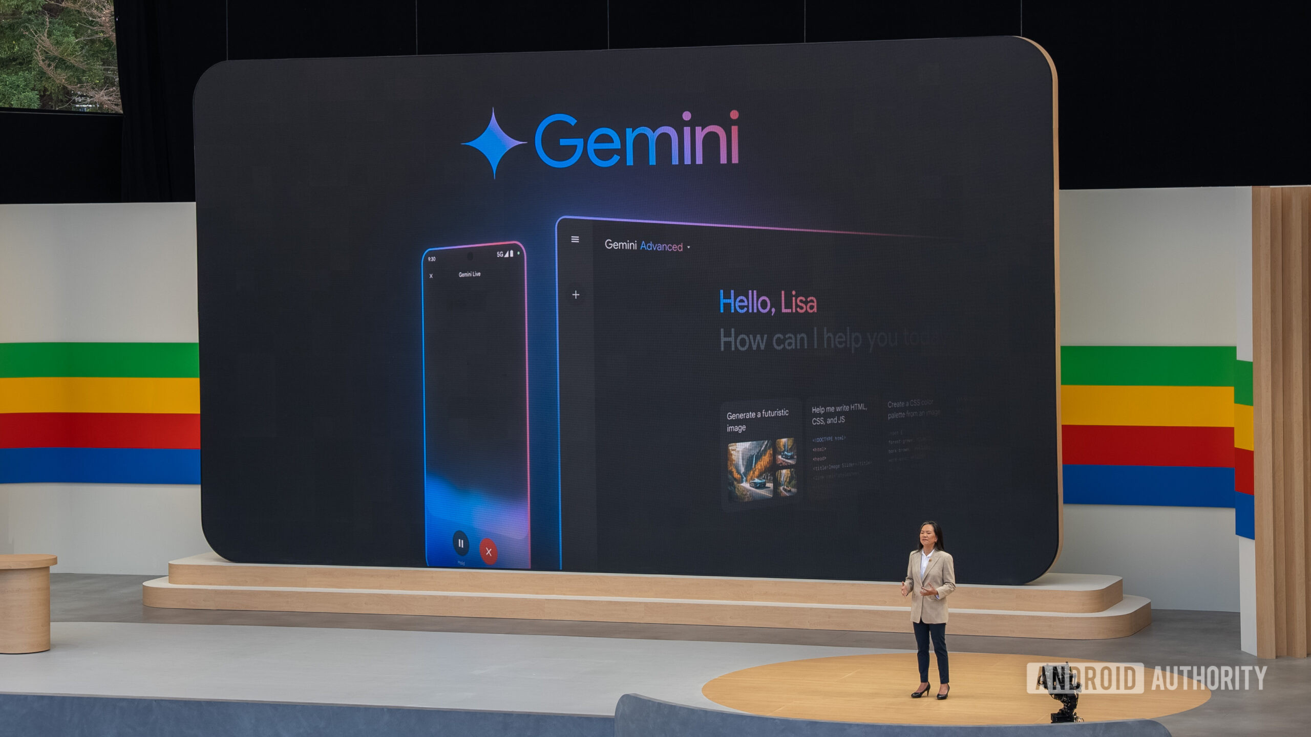 Logotipo e aplicativo do Google Gemini mostrados em dois dispositivos Android no Google I/O