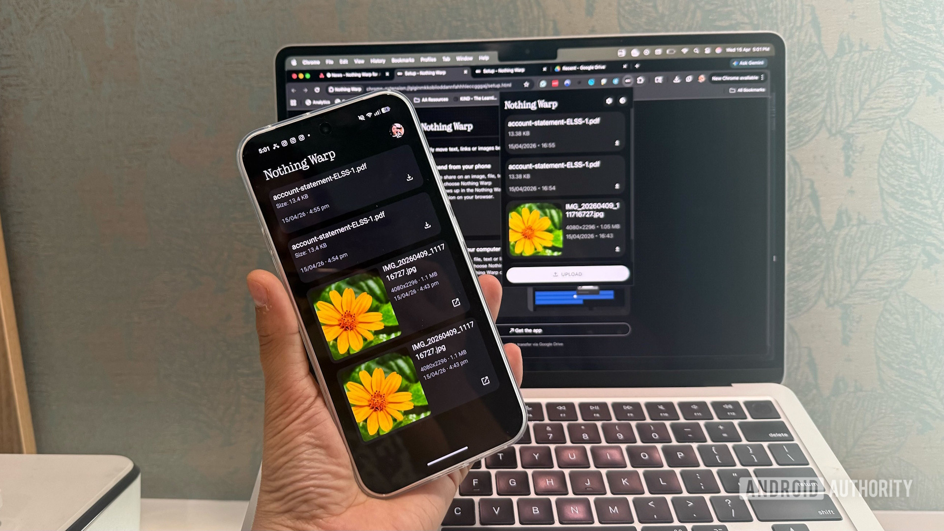Aplicativo Nothing Warp funcionando em Nothing Phone 4a e MacBook Air