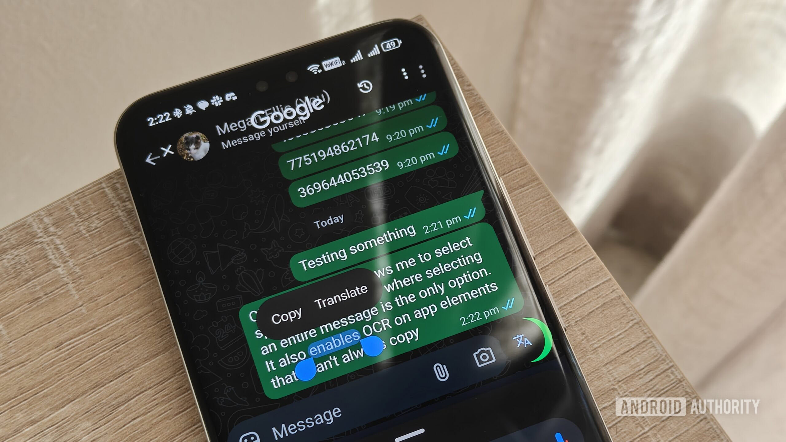 selecionando texto no Whatsapp usando círculo para pesquisar