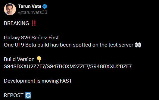 Samsung primeiro One UI 9 versão beta Galaxy S26 Tarun Vats Twitter
