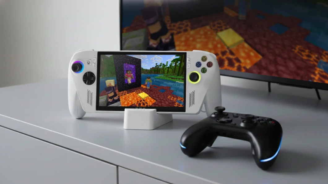imagem de um console Asus Rog Xbox Ally em cima de uma estante ao lado de um controle e em frente a uma tv
