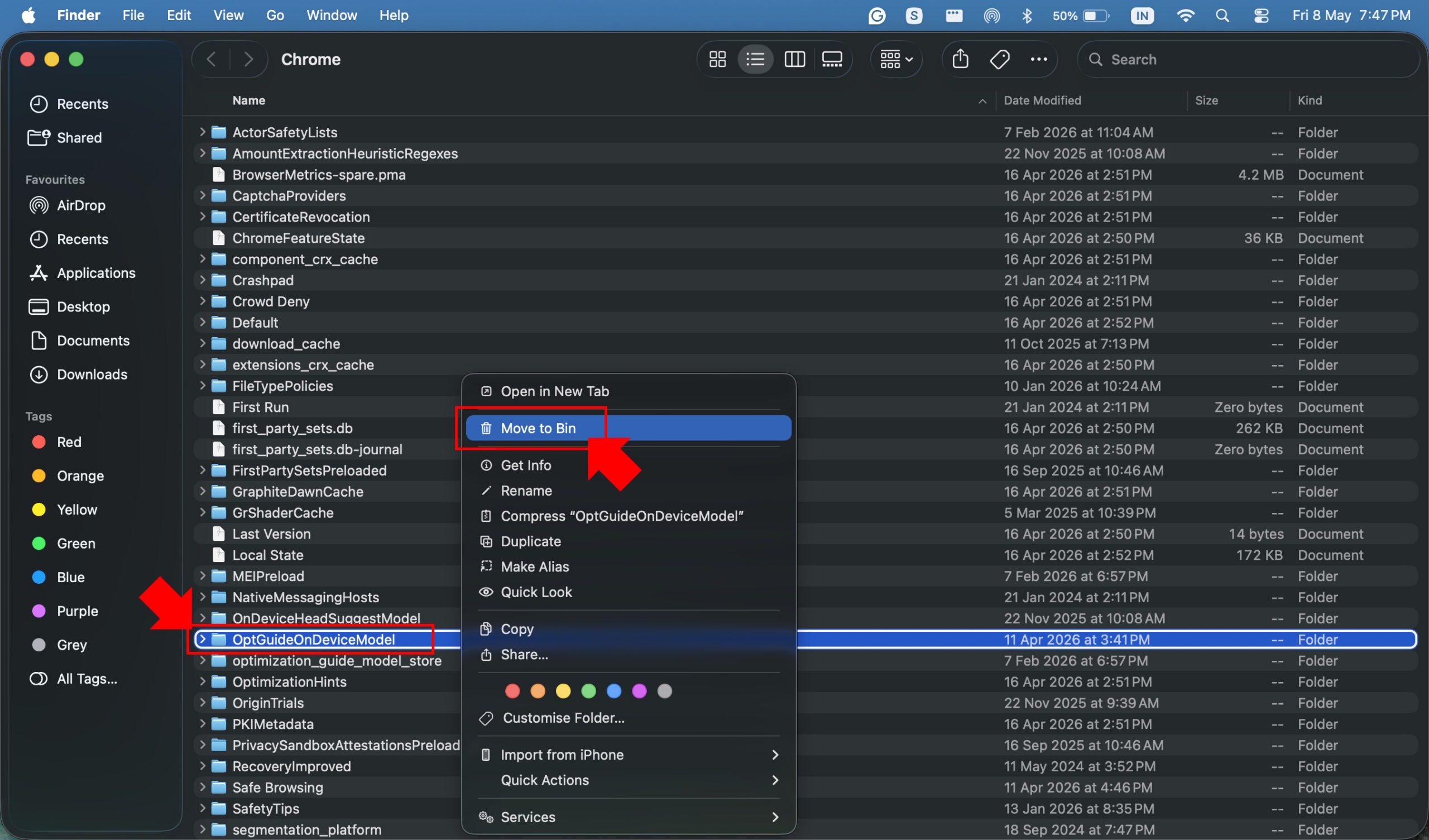 Como desativar o modelo AI do Chrome Exclua a pasta no macOS (2)
